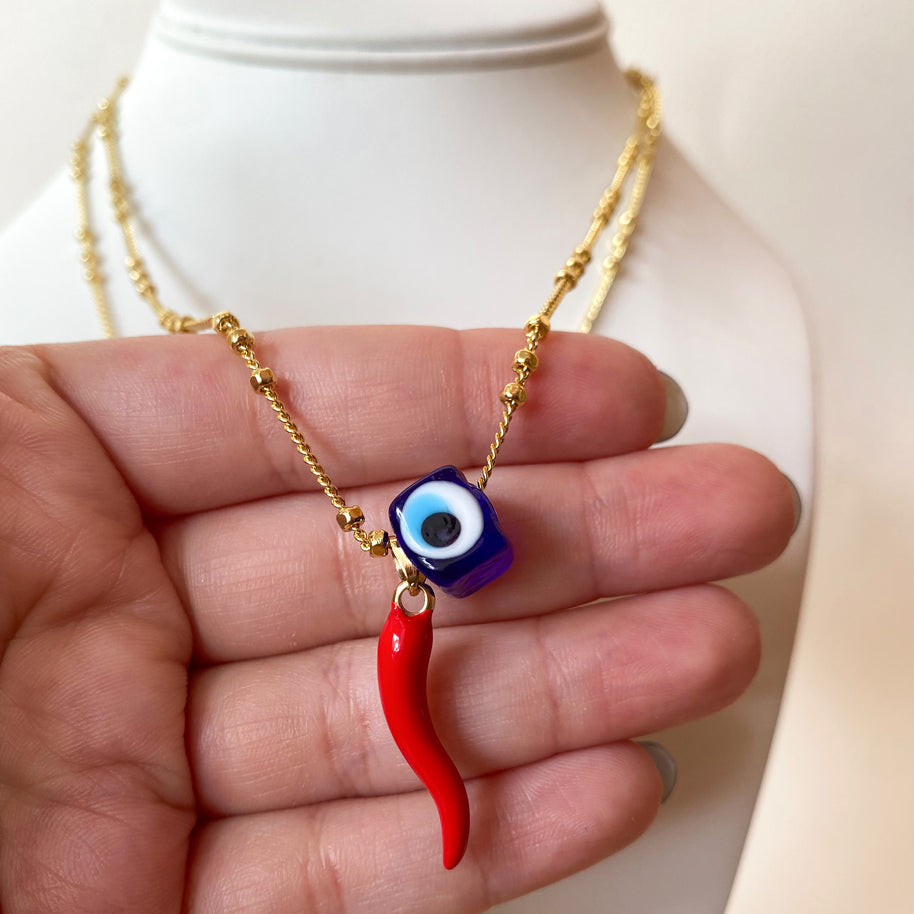 Red Horn Turkish White or Blue Evil Eye Necklaces