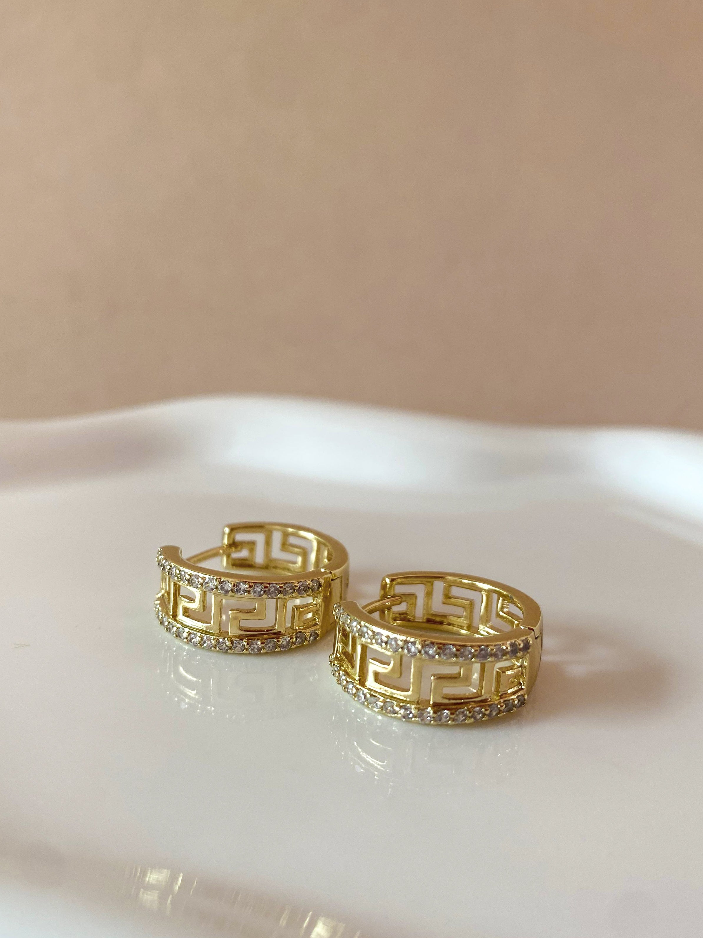 Greek Style Pattern Crystal Golden Hoops