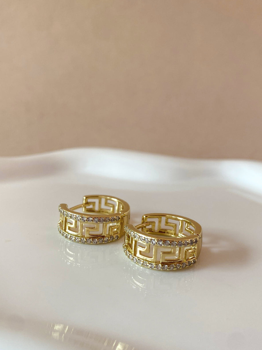 Greek Style Pattern Crystal Golden Hoops