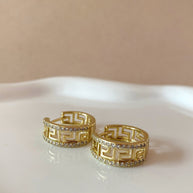 Greek Style Pattern Crystal Golden Hoops