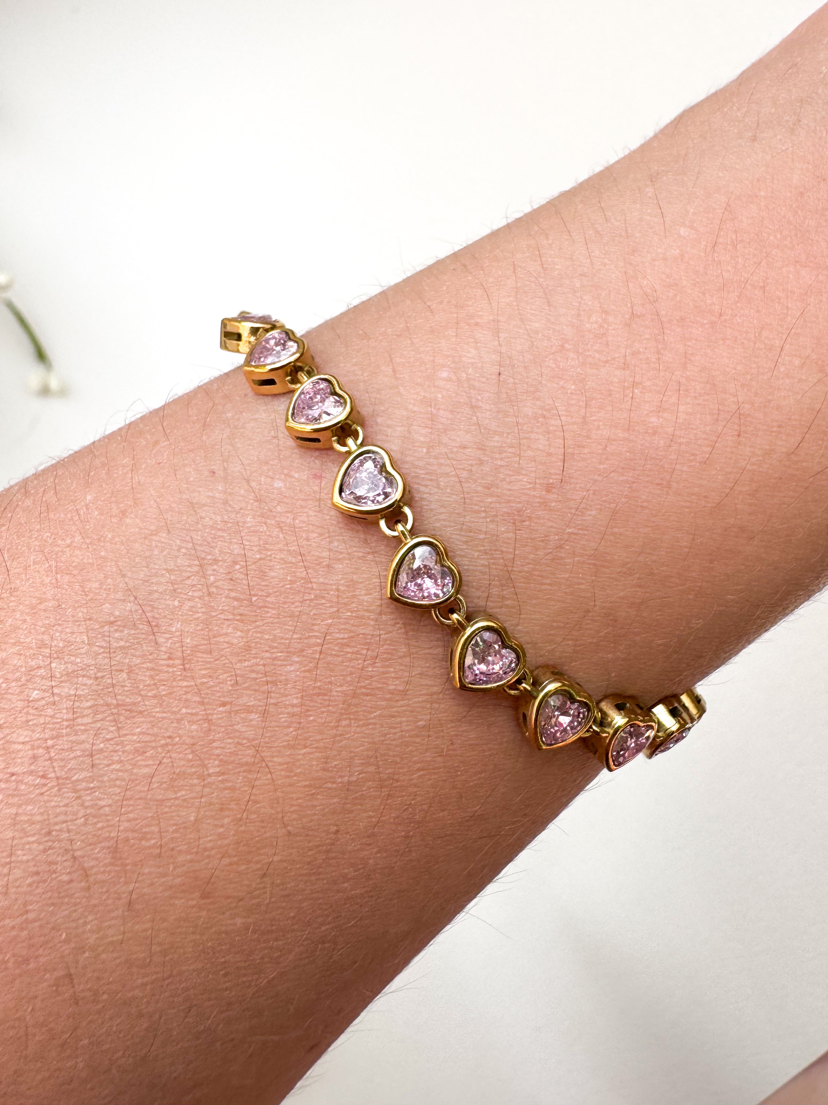 Golden & Pink Little Hearts Pattern Steel Bracelet