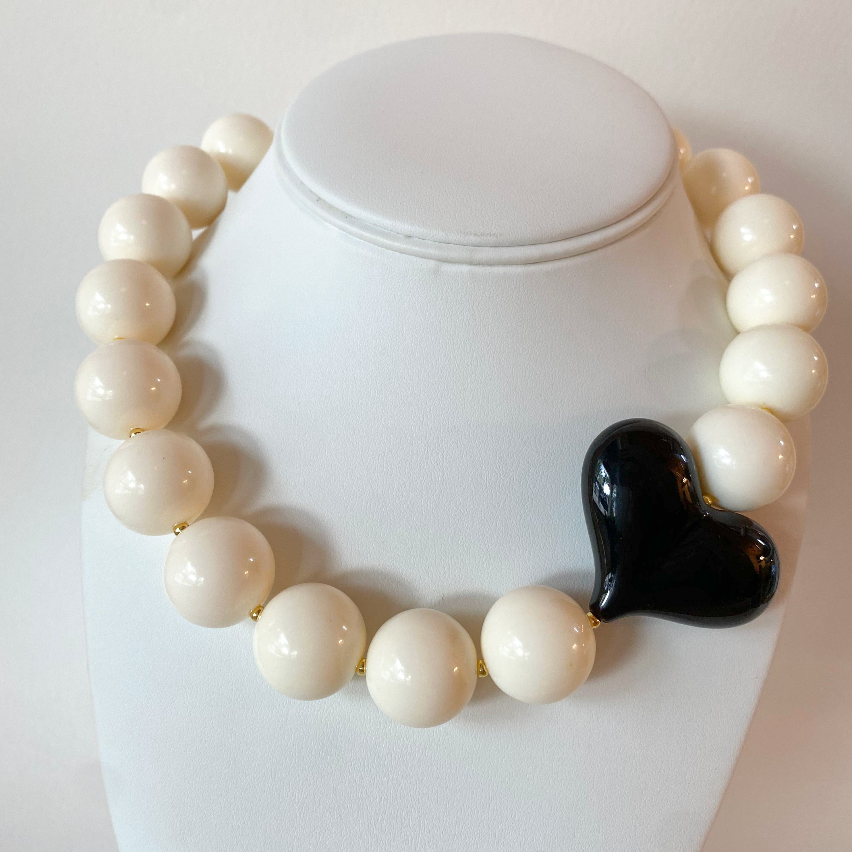 Acrylic White Gumball Bead with Black Heart Necklace