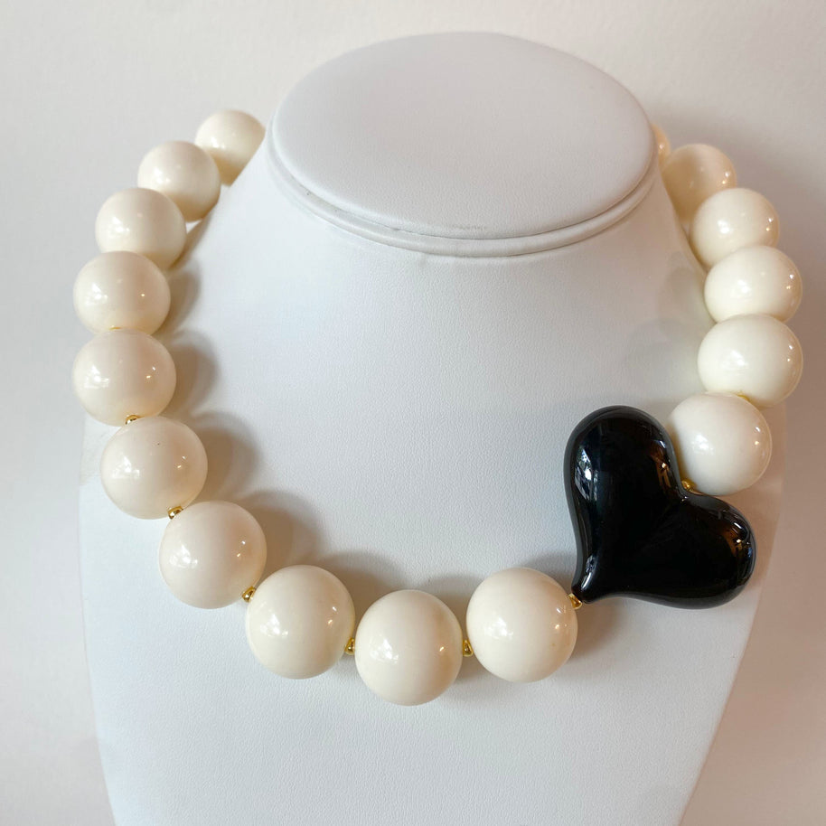 Acrylic White Gumball Bead with Black Heart Necklace