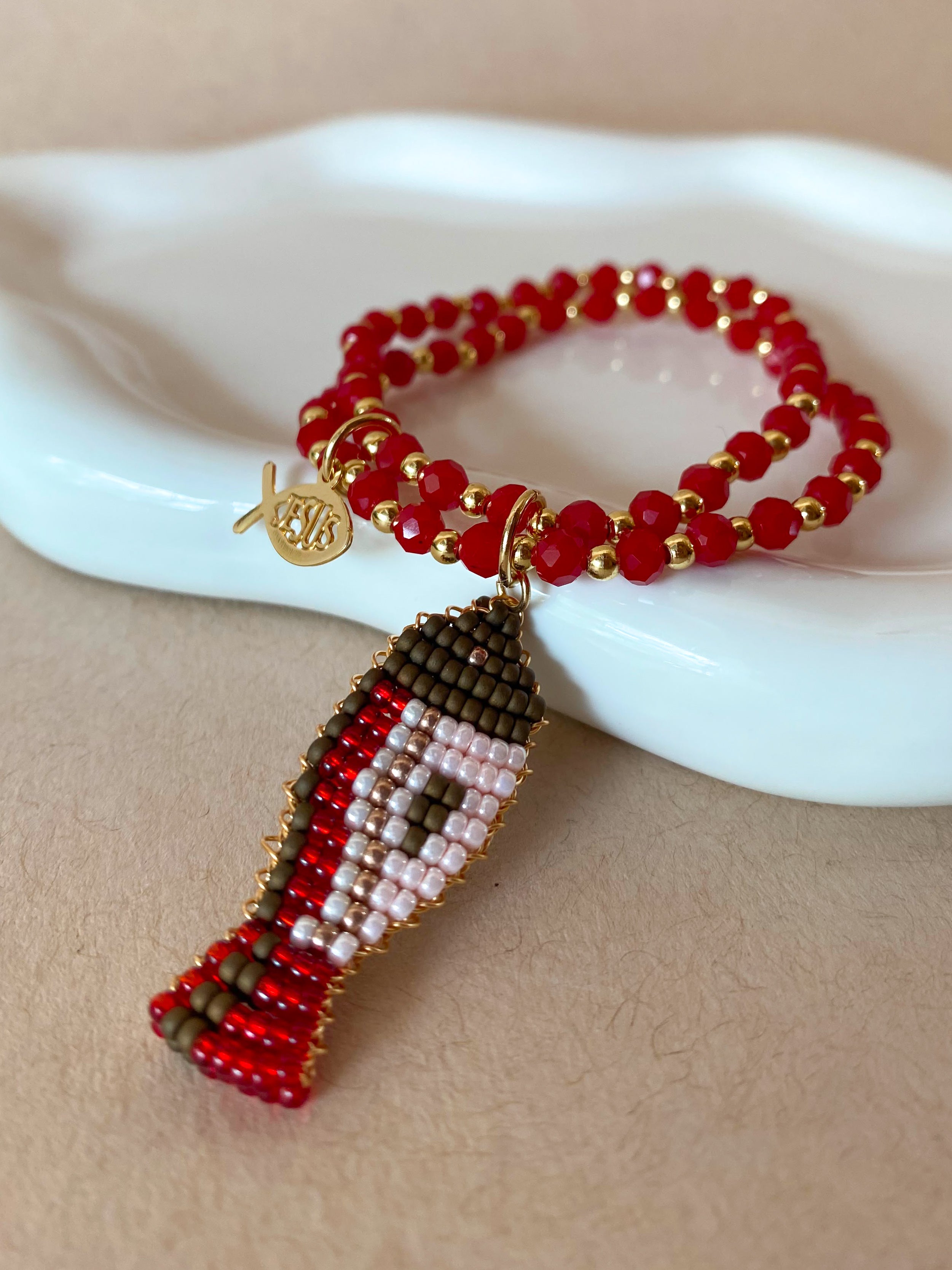 Red Crystals Jesus Fish Charms Elastic Bracelet