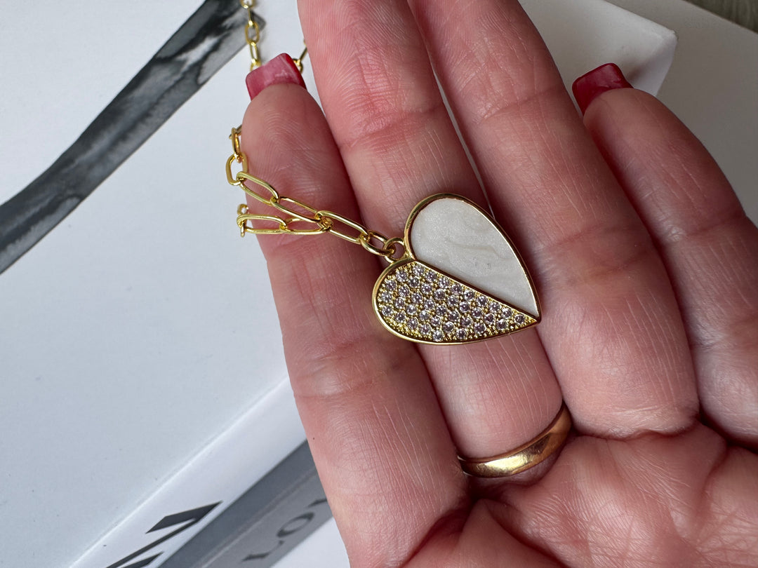 Zircon and White Enamel Heart Necklace