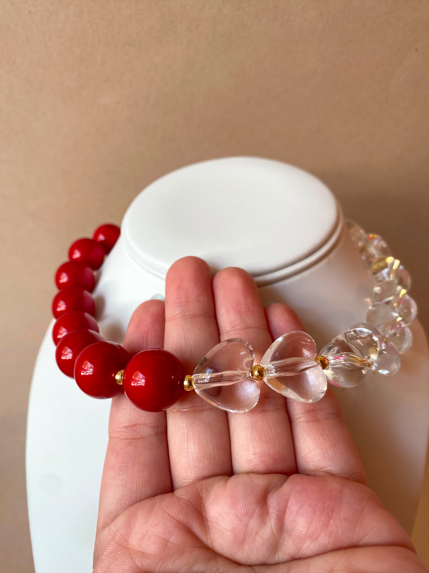 Red & Clear Ceramic Balls and Hearts Pattern Necklace