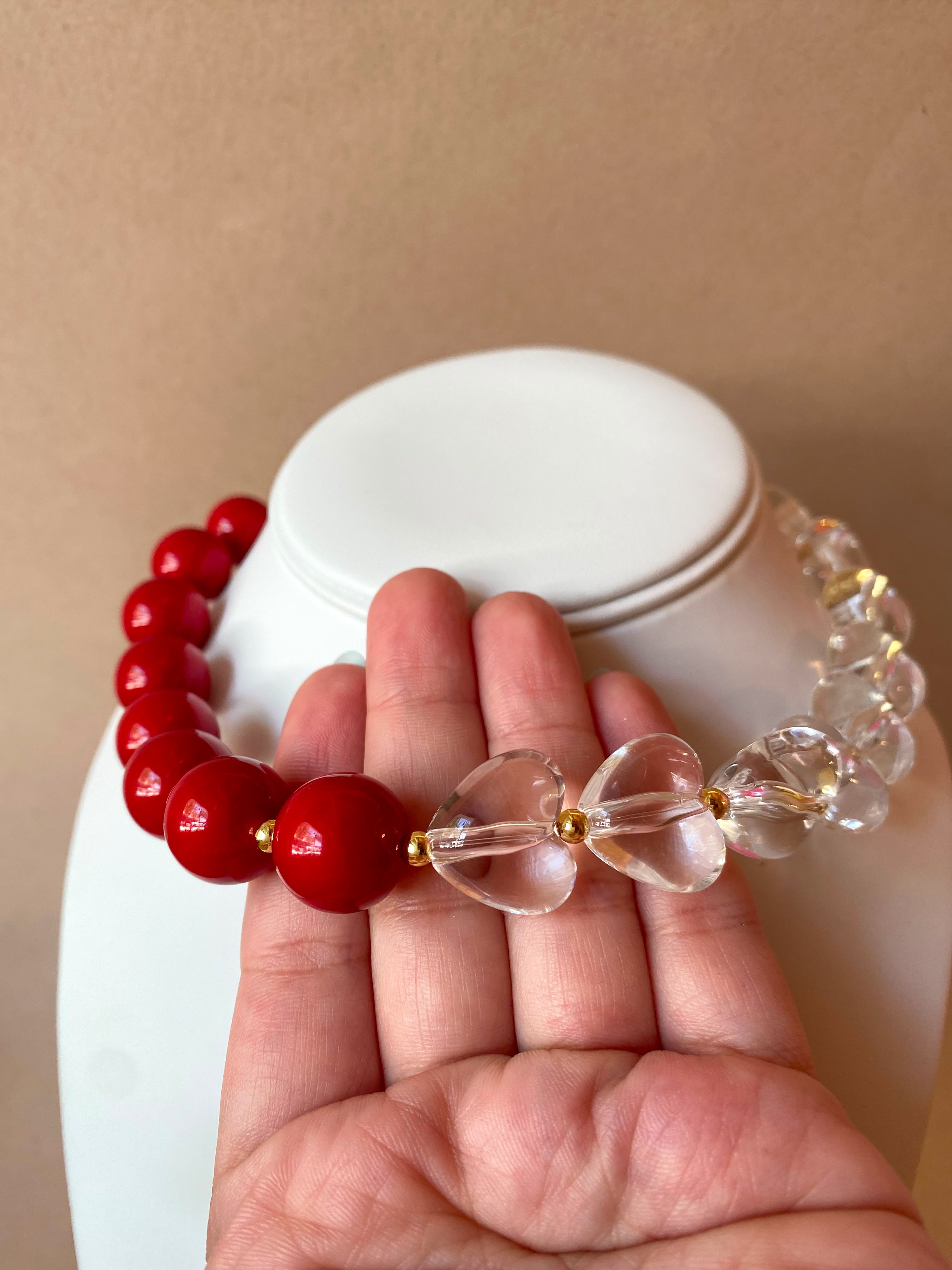 Red & Clear Ceramic Balls and Hearts Pattern Necklace