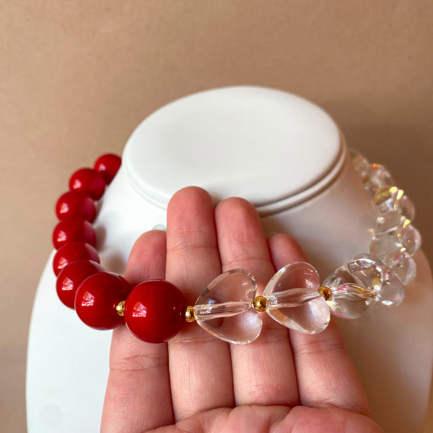 Red & Clear acrylic Balls and Hearts Pattern Necklace