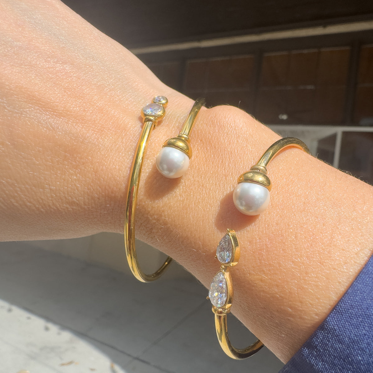 Golden Zircon Drop and Pearl Style Steel Bracelet