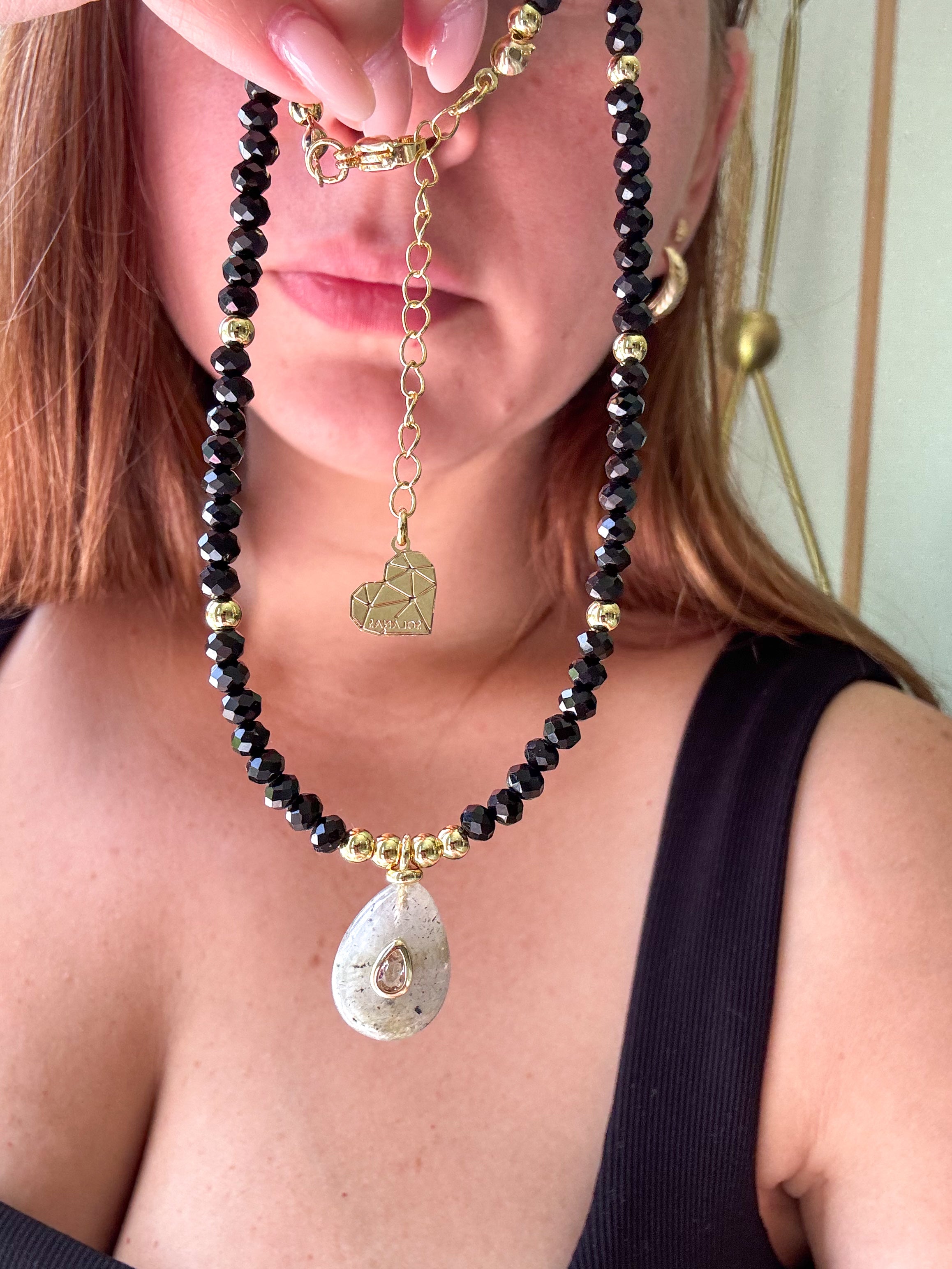 Gray Moonstone Charm in Black Crystal Necklace