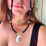 Gray Moonstone Charm in Black Crystal Necklace