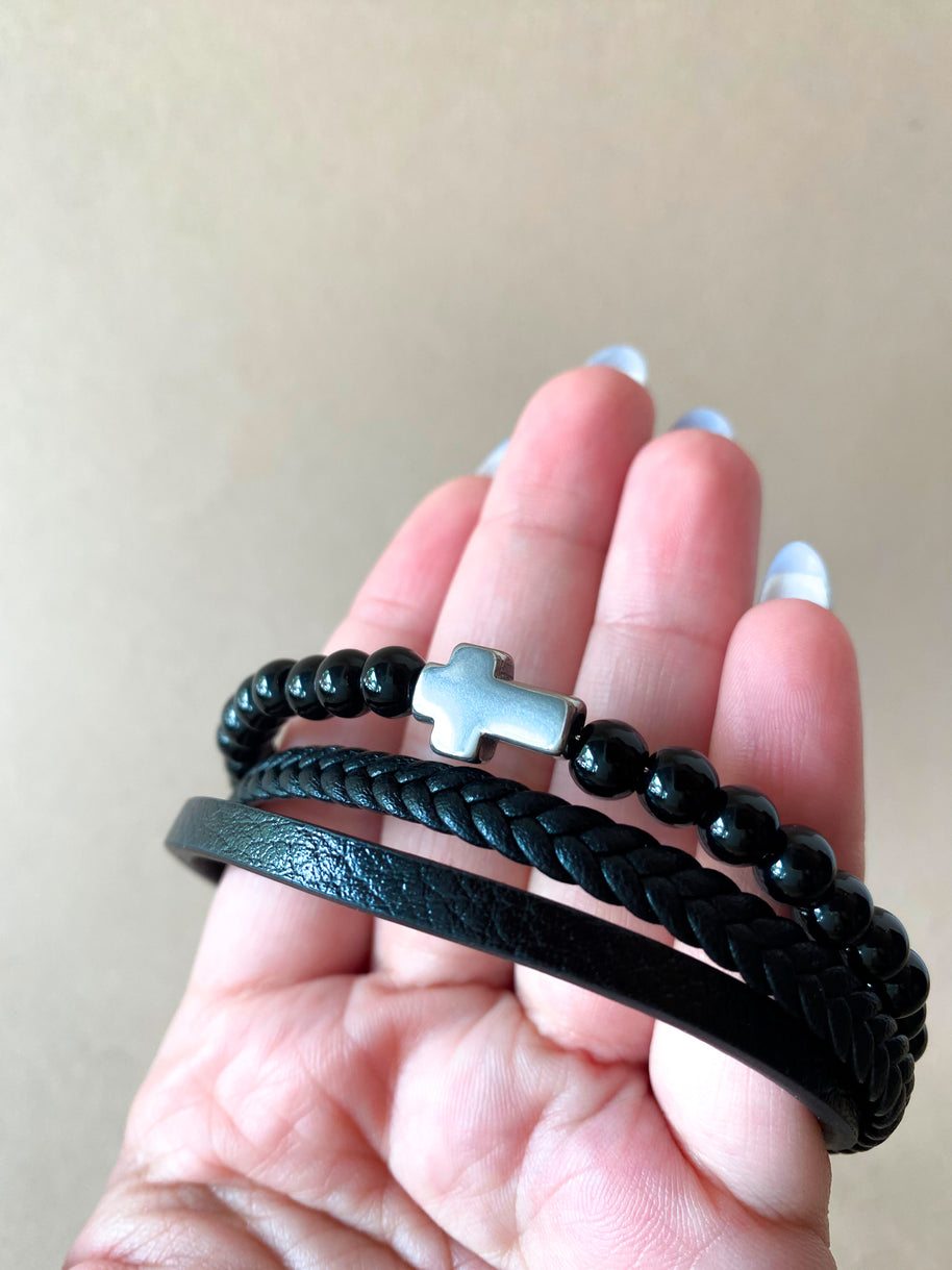 3 Layers Black Leather and Silver Cross Men Steel Bracelet