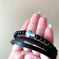 3 Layers Black Leather and Silver Cross Men Steel Bracelet