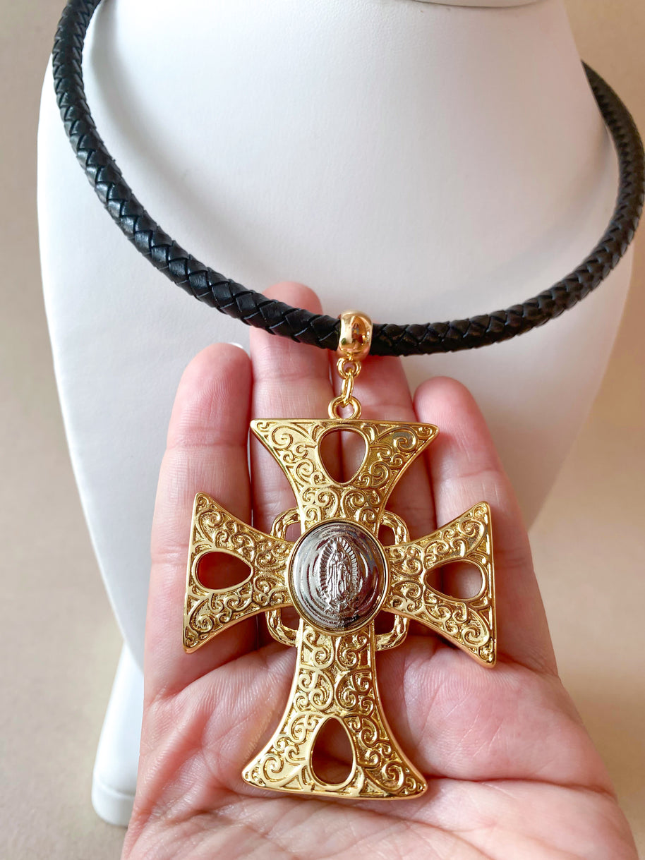 Big Golden Cross with Silver Guadalupe Medal Black Necklace