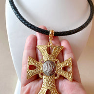 Big Golden Cross with Silver Guadalupe Medal Black Necklace
