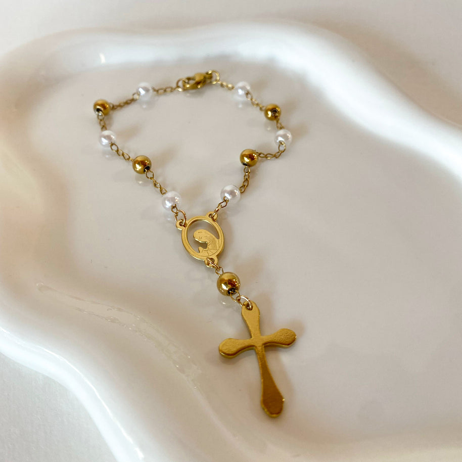 Golden Steel and Pearls Cross and Prayer Virgin Rosary Bracelet