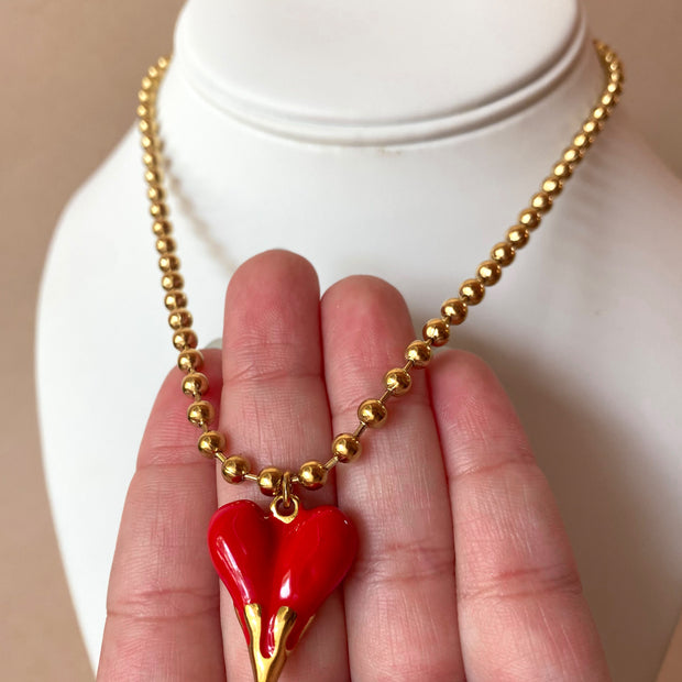 Red Heart Golden Steel Necklace