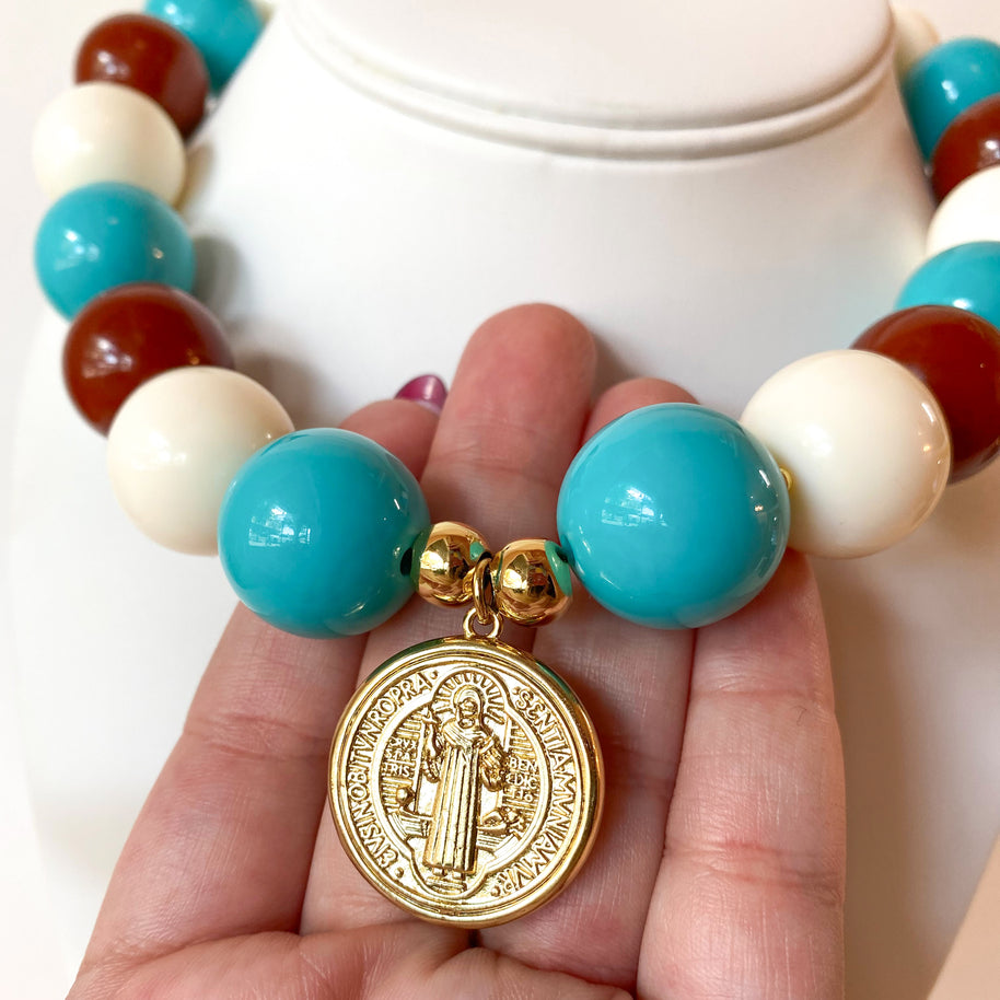 Turquoise, Brown and White St Benedict Big Beads Acrylic Necklace