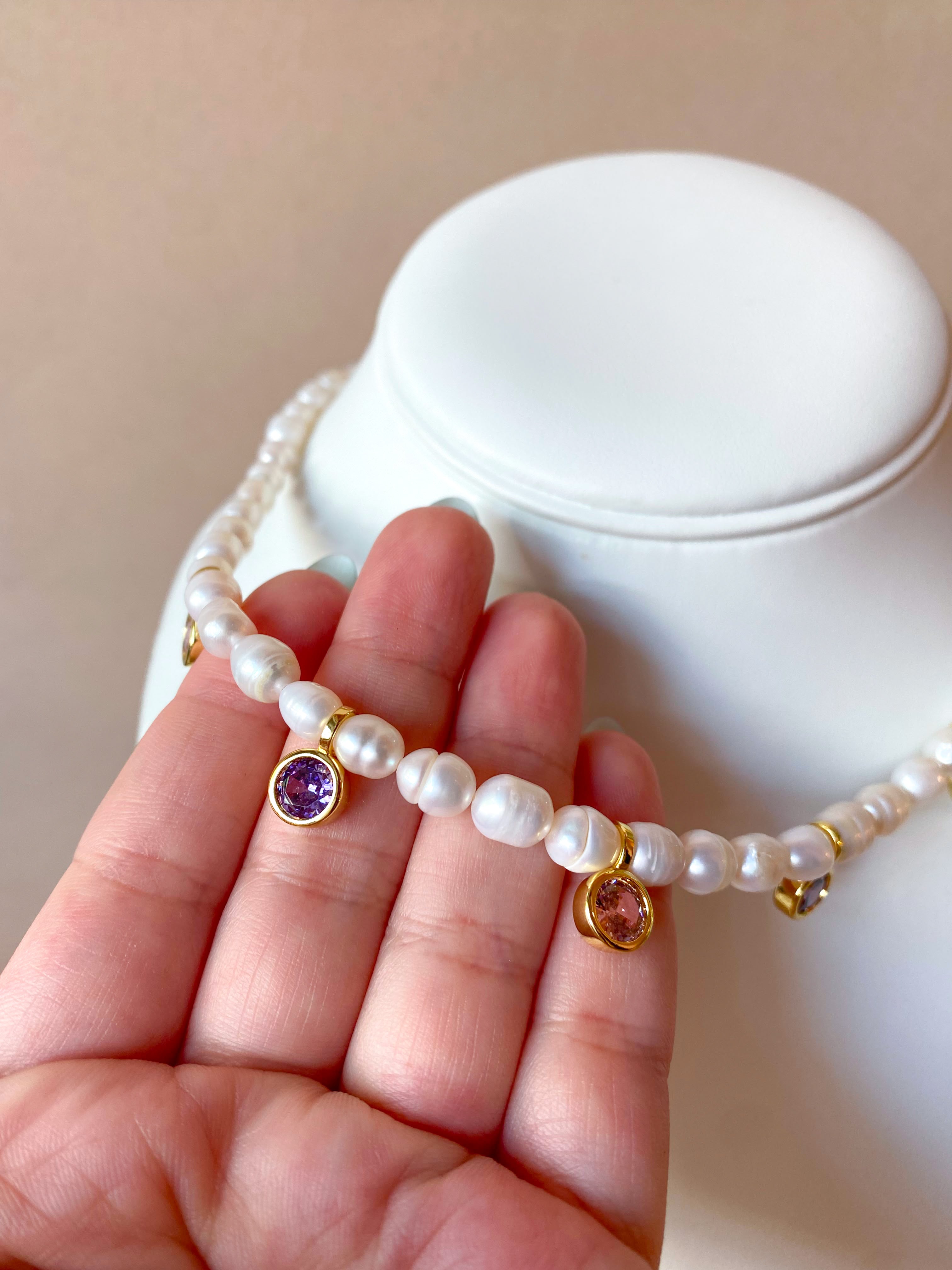 Pearls, Purple and Pink Crystals Necklace