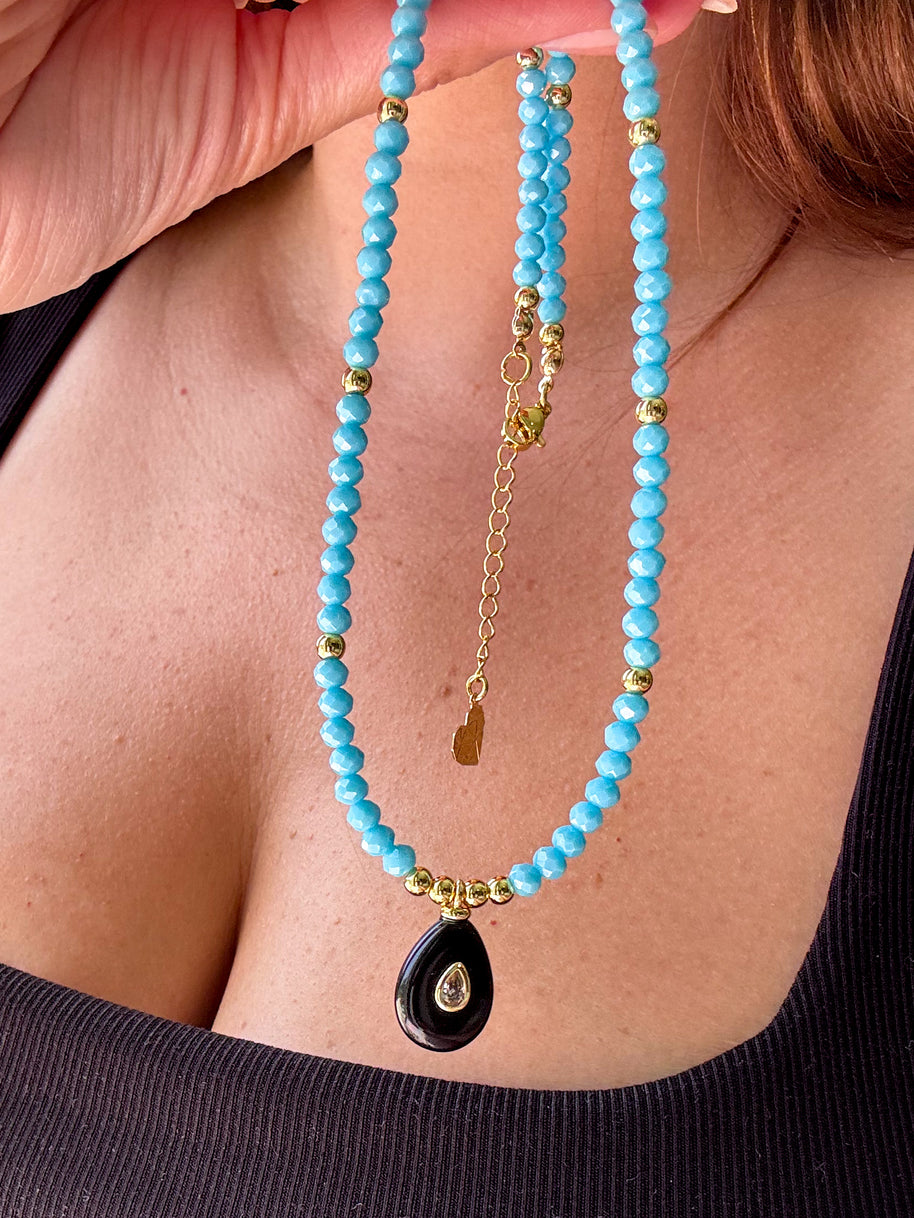Black Onyx Oval Blue Beads Necklace