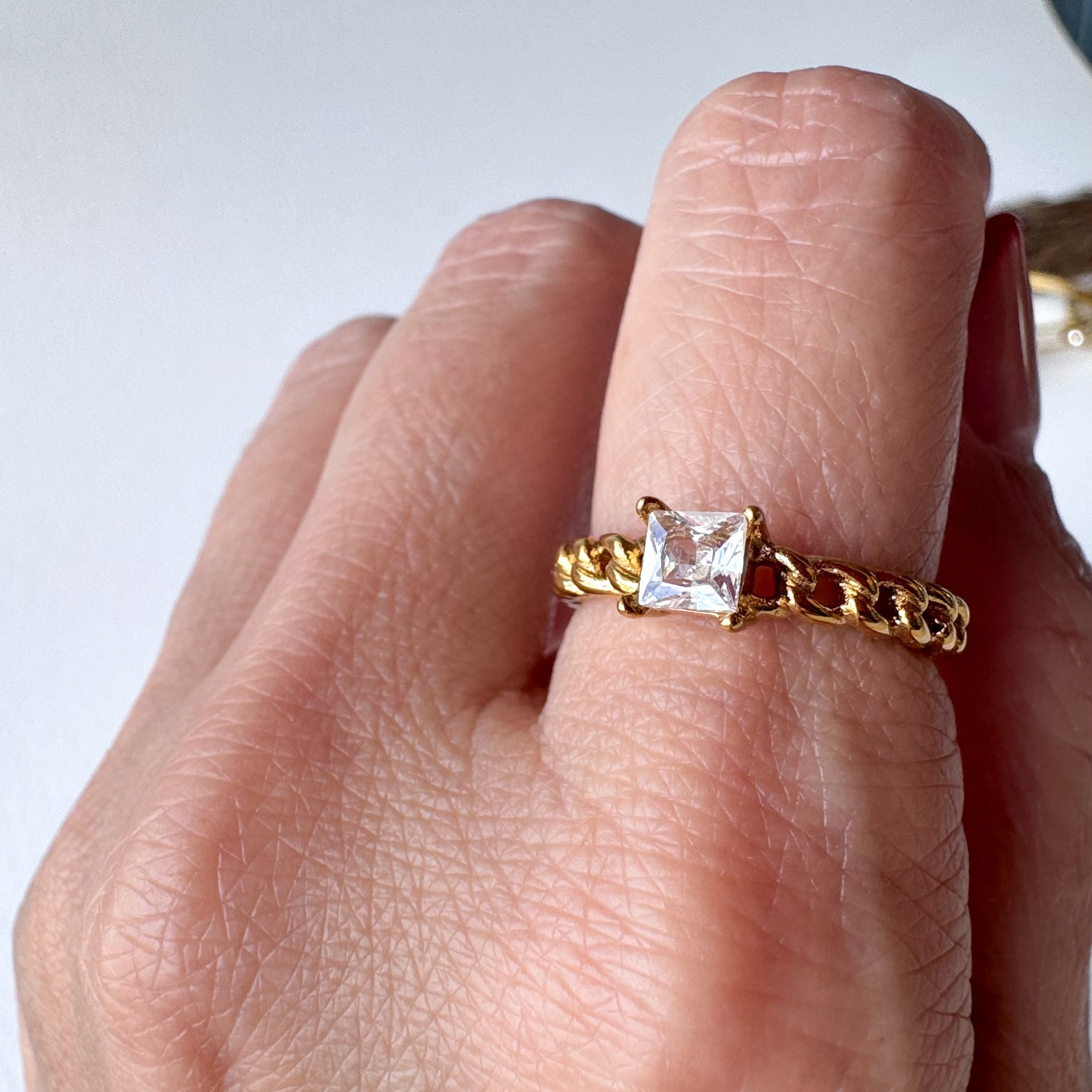 Golden Textured Single Zircon Steel Ring