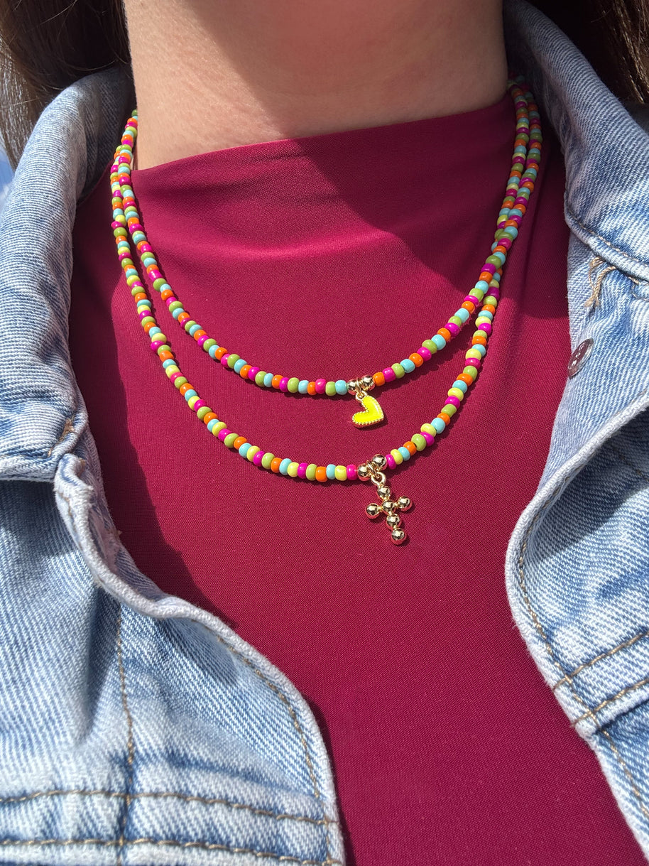 Multicolor Beads Heart & Cross Necklace