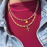 Multicolor Beads Heart & Cross Necklace