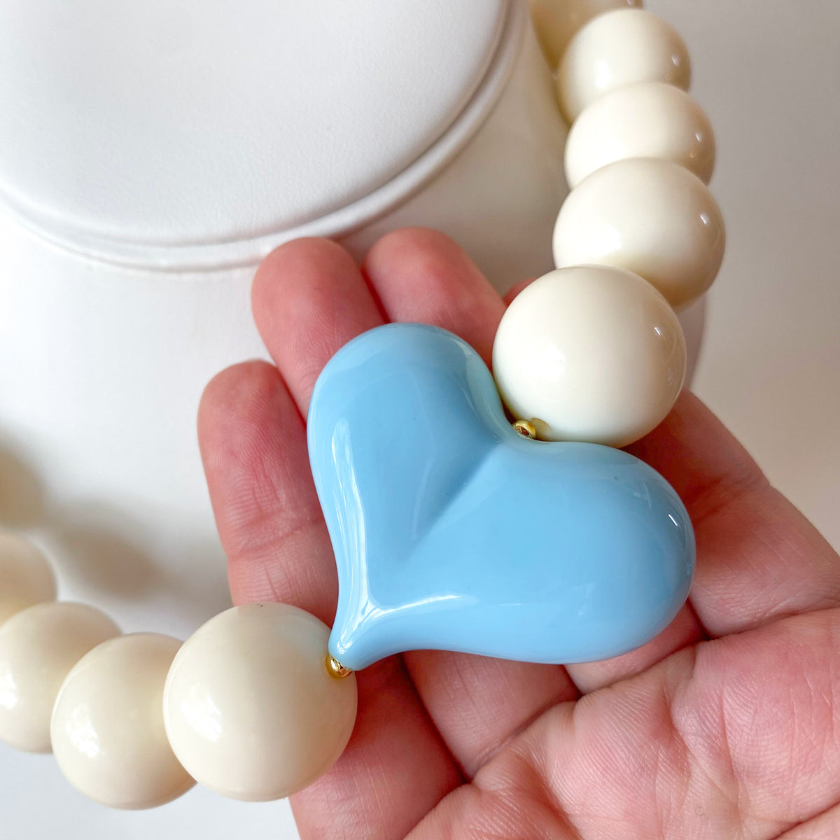 Acrylic White Gumball Bead with Light Blue Heart Necklace