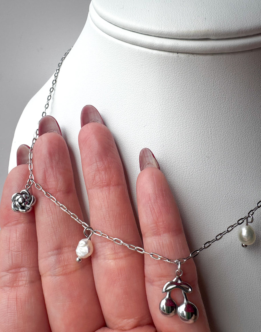 Cherry & Pearls Silver Steel Necklace