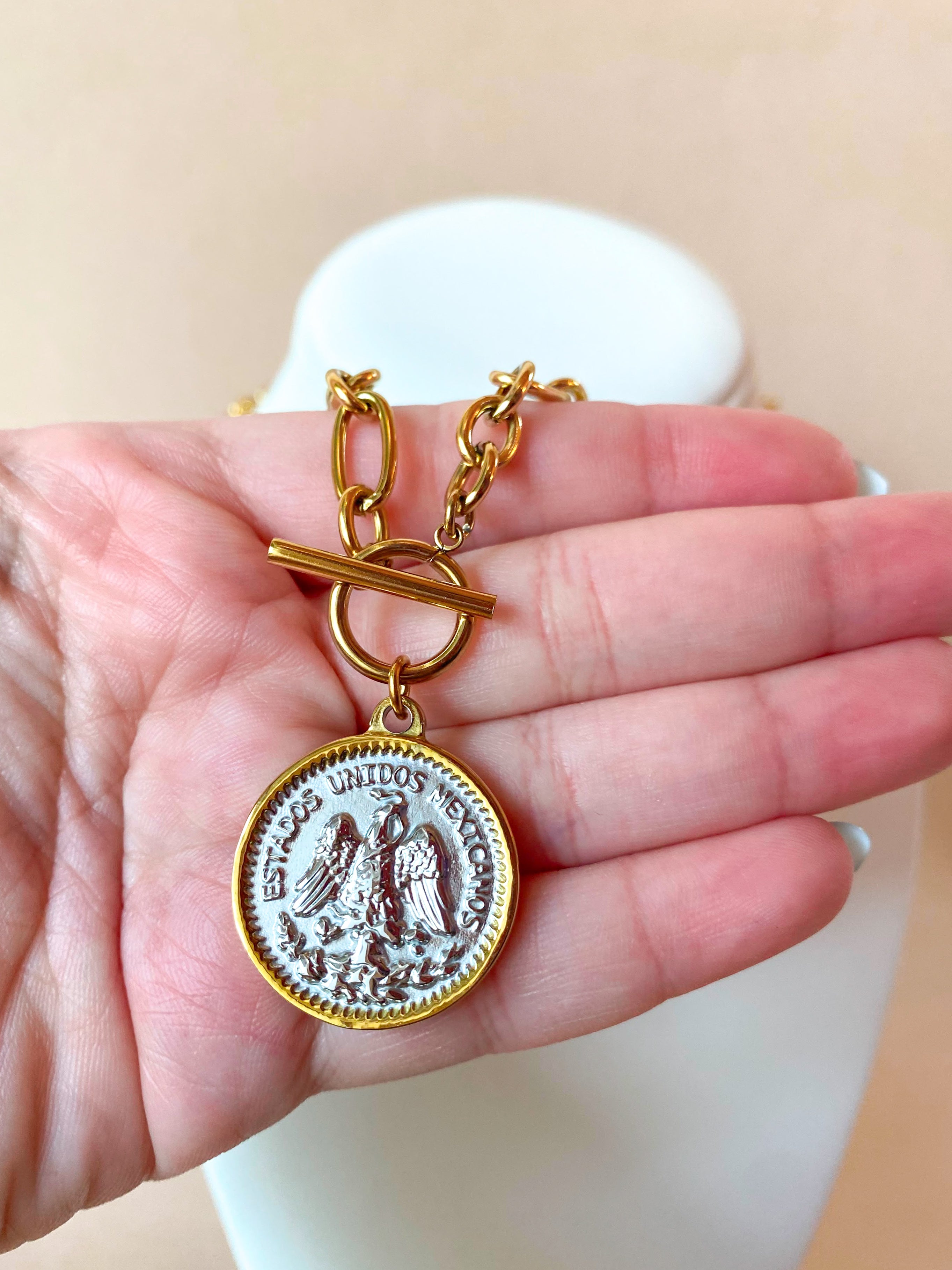 Reversible 2 Tones Coin Large Steel Necklace