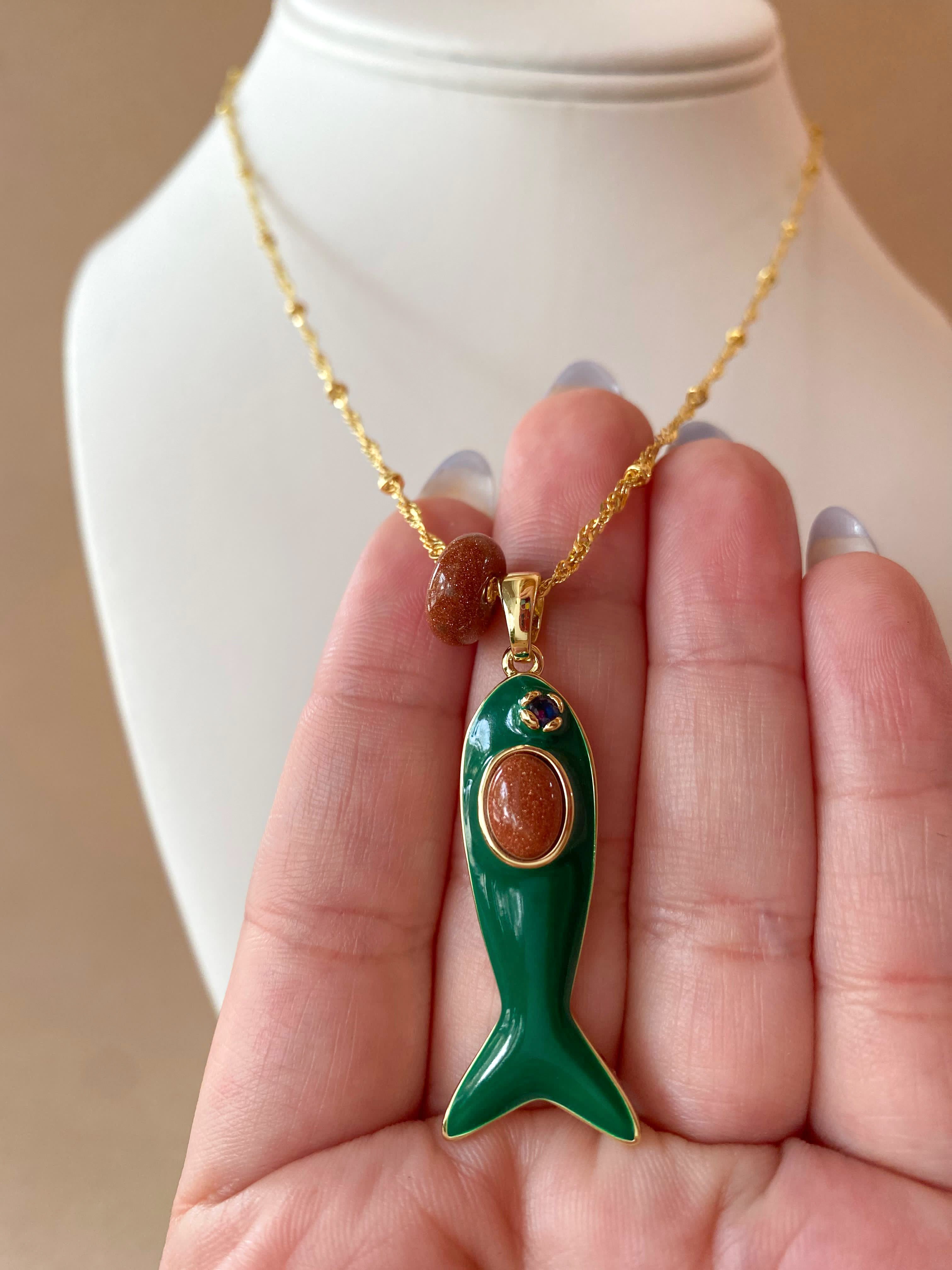 Green Fish and Rain of Gold Stone Necklace