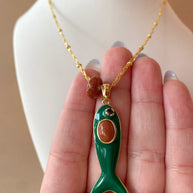 Green Fish and Rain of Gold Stone Necklace