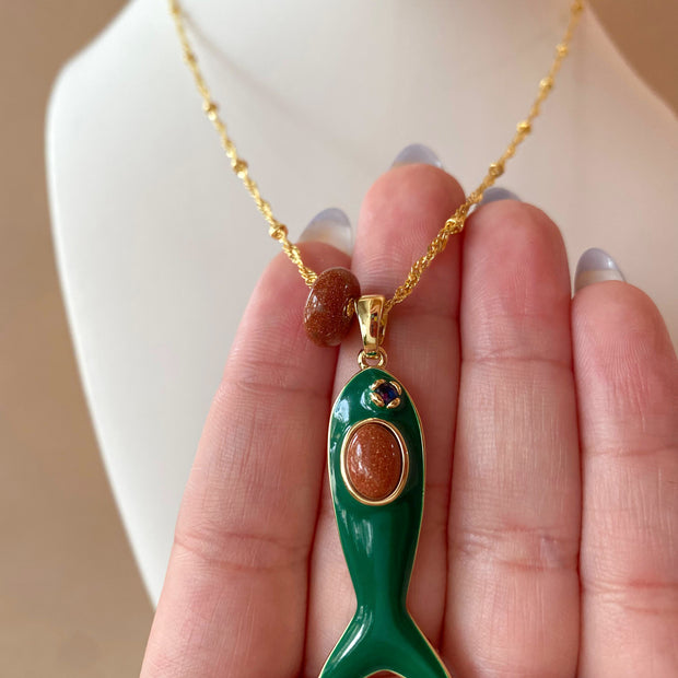 Green Fish and Rain of Gold Stone Necklace