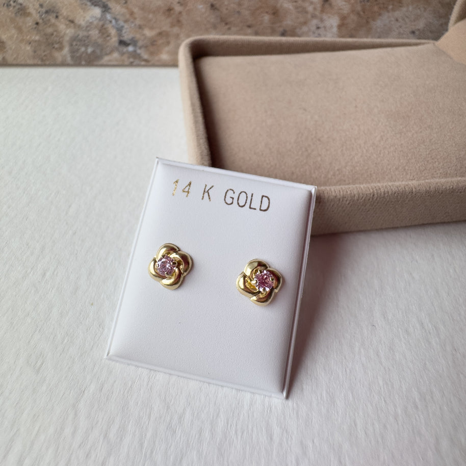 Pink Crystals and Flower Topitos 14K Solid Gold Earrings