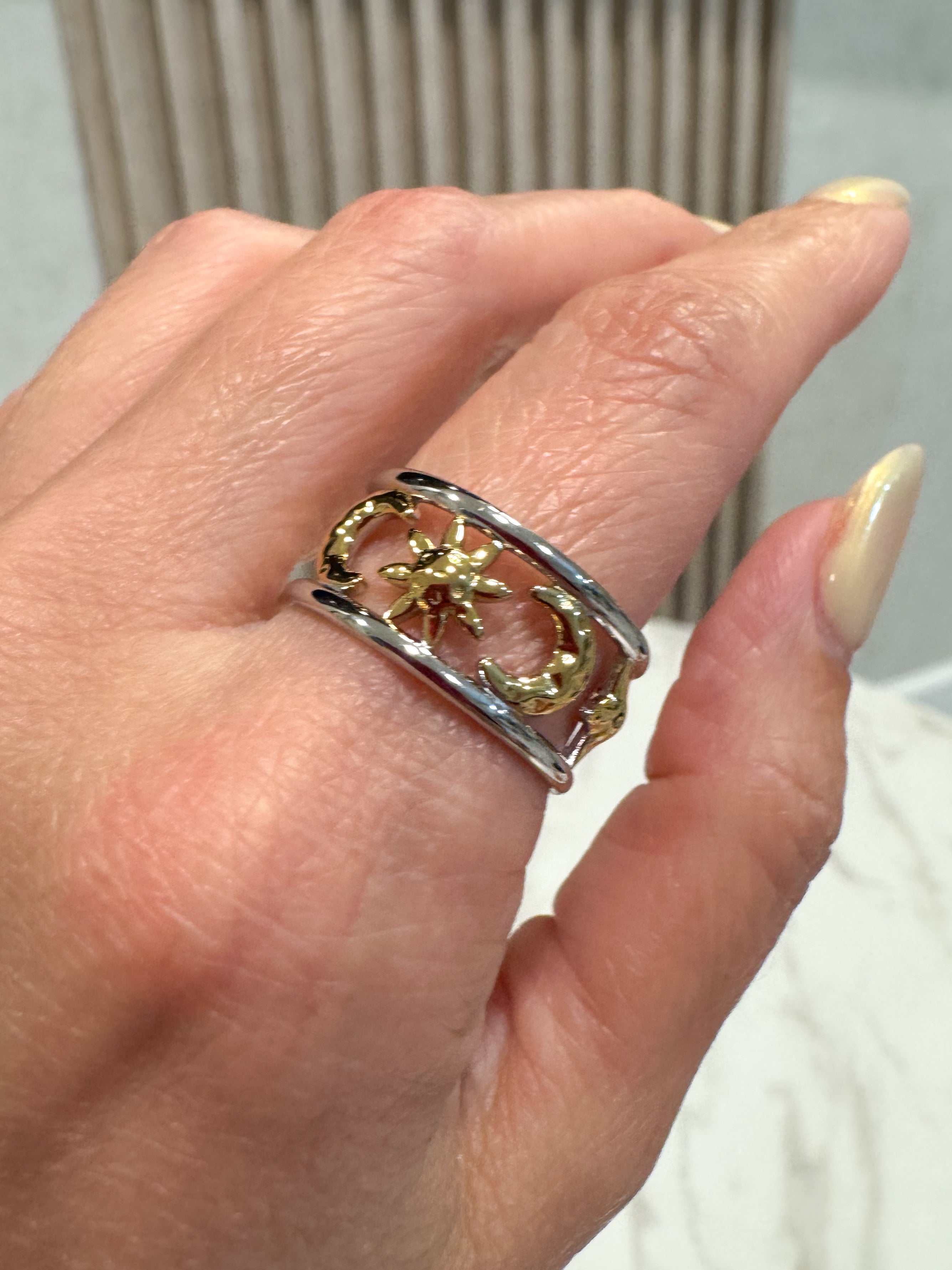 Silver & Gold Star-Moon Ring