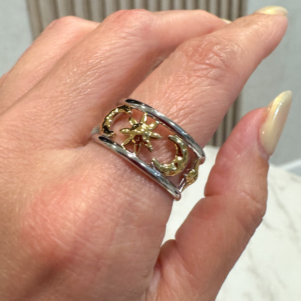 Silver & Gold Star-Moon Ring