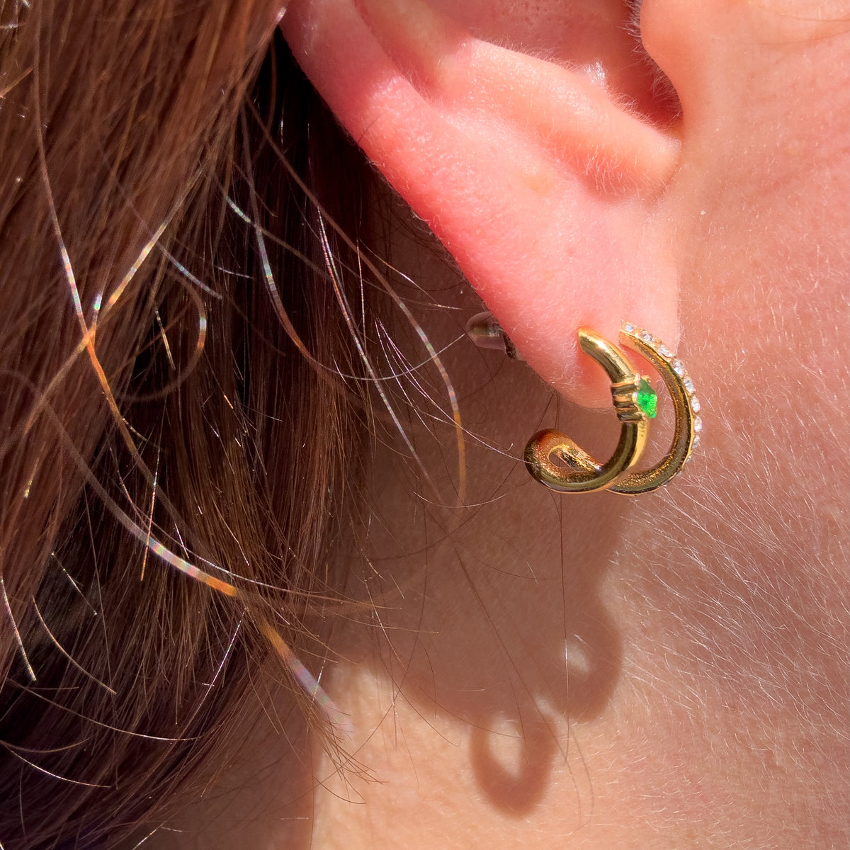 Golden and Green Zircons Double Steel Earrings