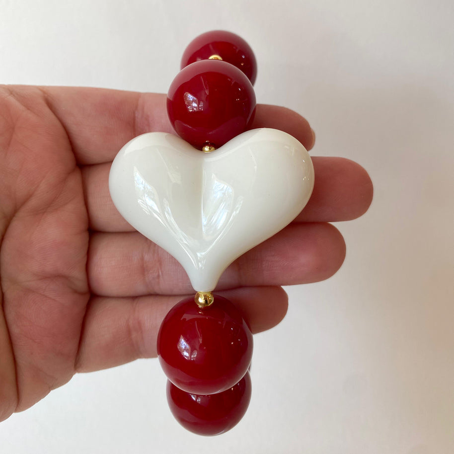 Acrylic Red Wine Gumball Bead with White Heart Bracelet