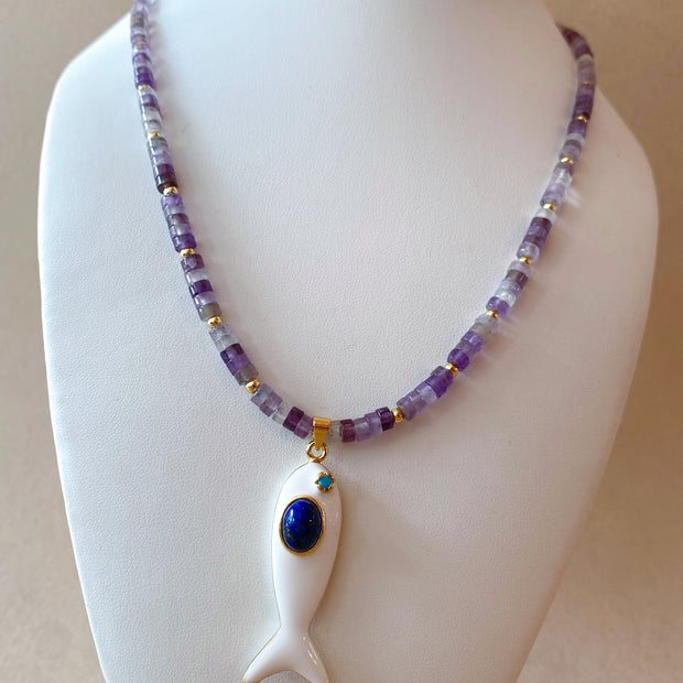 White Fish Purple Amethyst Stone Necklace