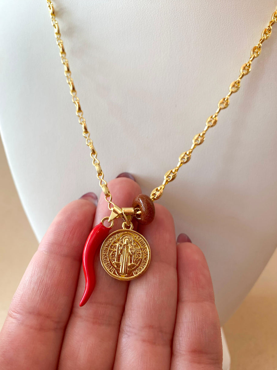 St. Benedict Medal, Red Horn & Brown Turkish Stone in Little Coffee Grain Necklace