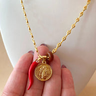 St. Benedict Medal, Red Horn & Brown Turkish Stone in Little Coffee Grain Necklace