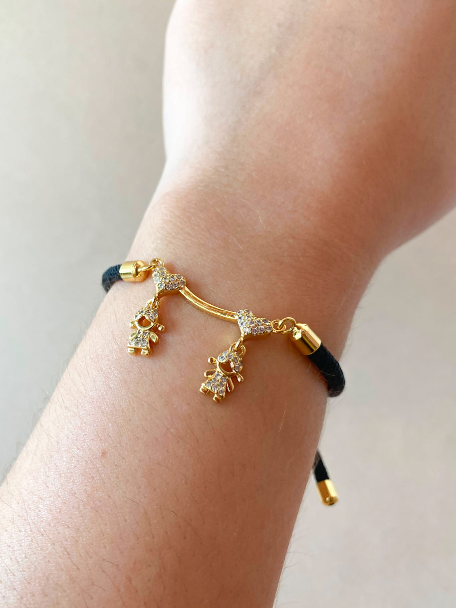 2 Shiny Girls and Heart Black Adjustable Bracelet