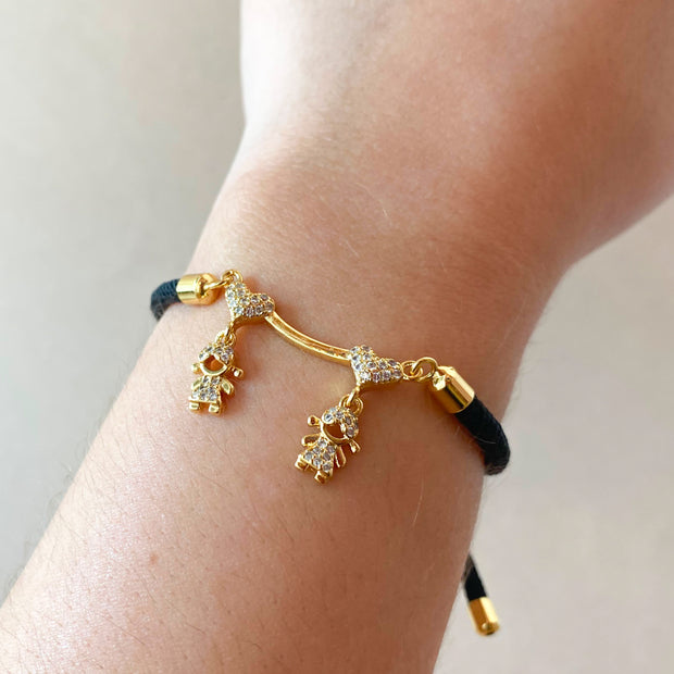 2 Shiny Girls and Heart Black Adjustable Bracelet