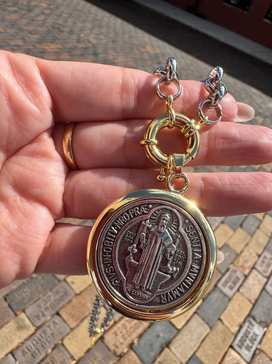 Big St. Benedict Medal 2 Gold Necklace