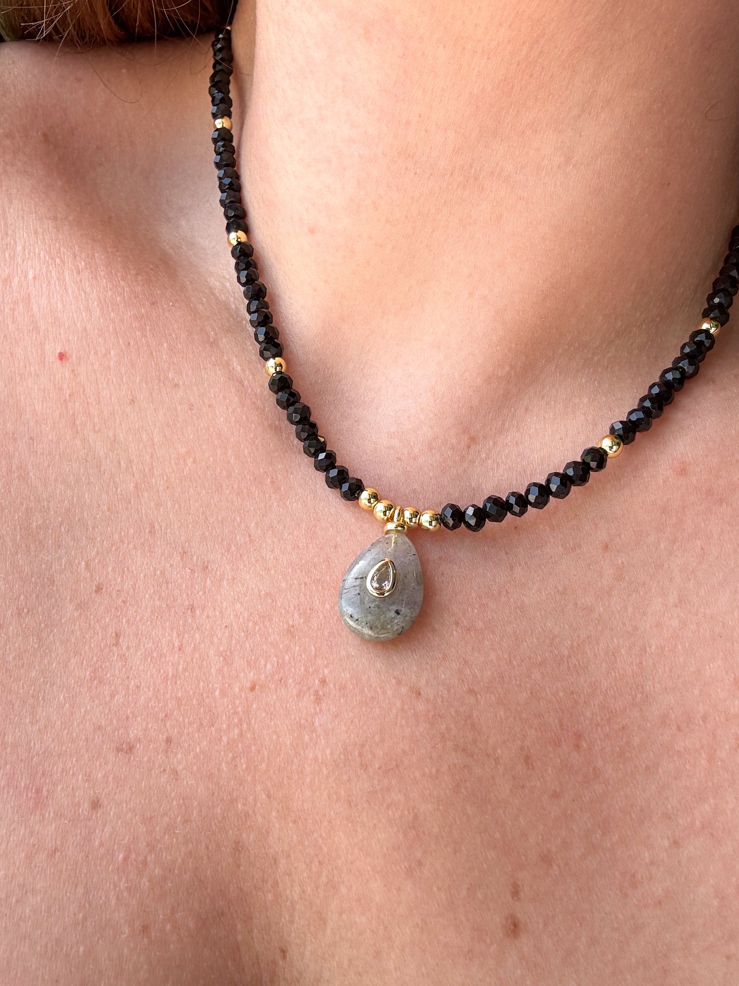 Gray Moonstone Charm in Black Crystal Necklace