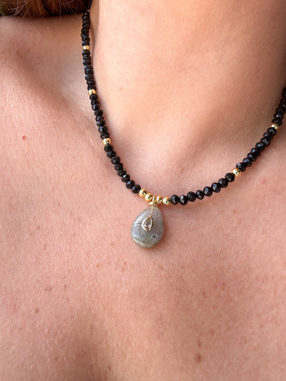 Gray Moonstone Charm in Black Crystal Necklace