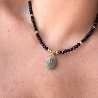 Gray Moonstone Charm in Black Crystal Necklace