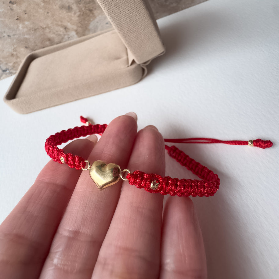BomBom Heart 18K Solid Gold in Red String Bracelet