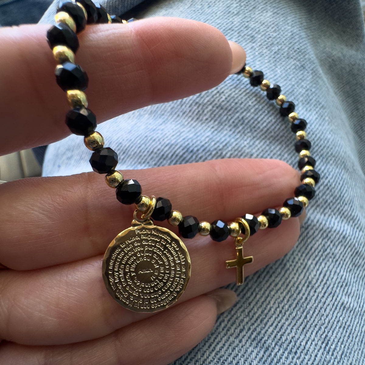 Our Father and Cross Elastic Black Bracelet