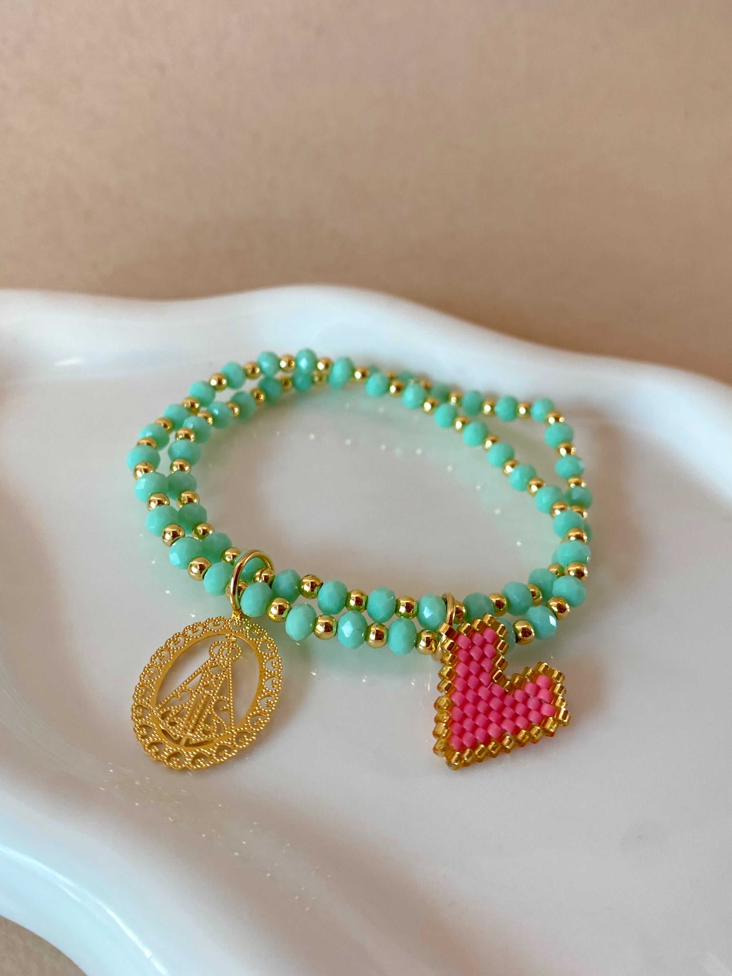 Virgin of the Valley Heart Miyuki Aquamarine Elastic Bracelet